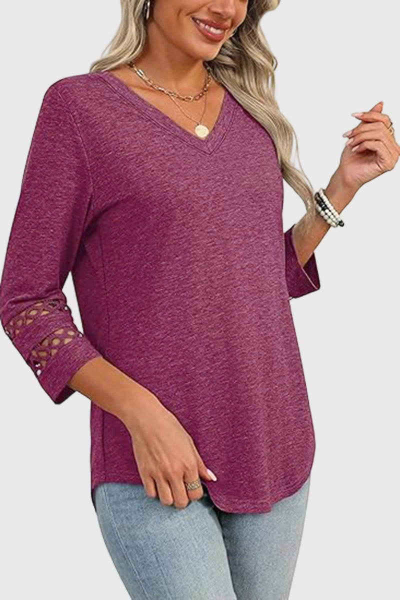 V-Neck Lace Sleeve Casual Top