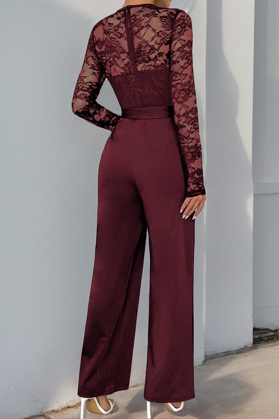 Lace Long Sleeve Tie Waist Jumpsuit