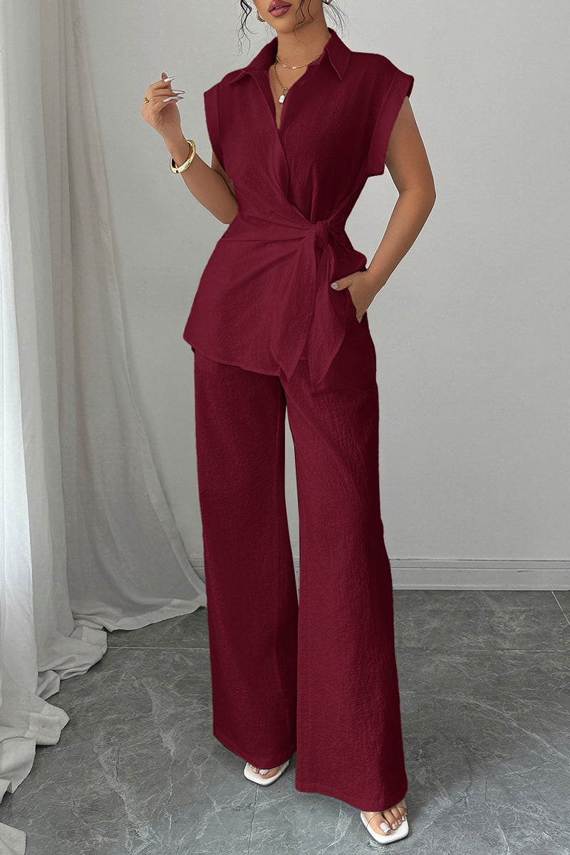 Elegant Sleeveless Shirt and Wide-Leg Pants Set