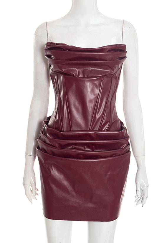 Strapless Faux Leather Bodycon Casual Dress