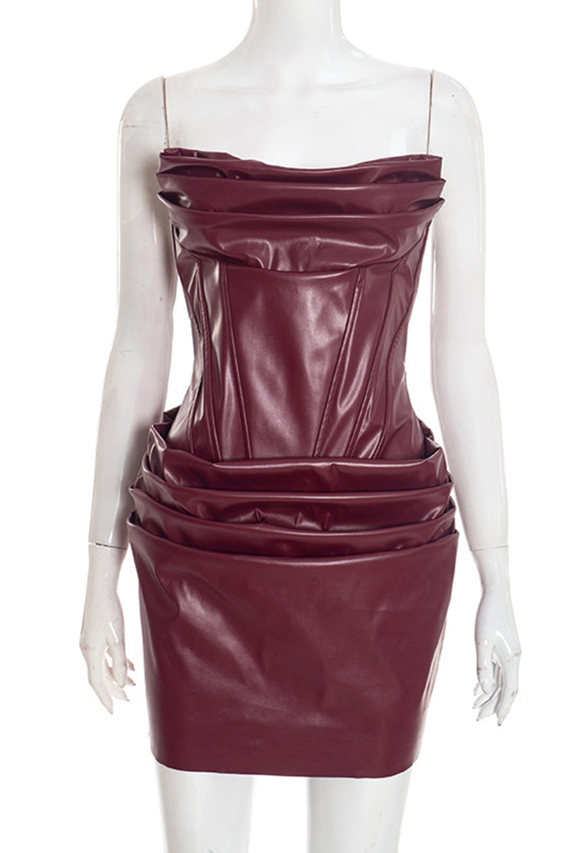 Strapless Faux Leather Bodycon Casual Dress