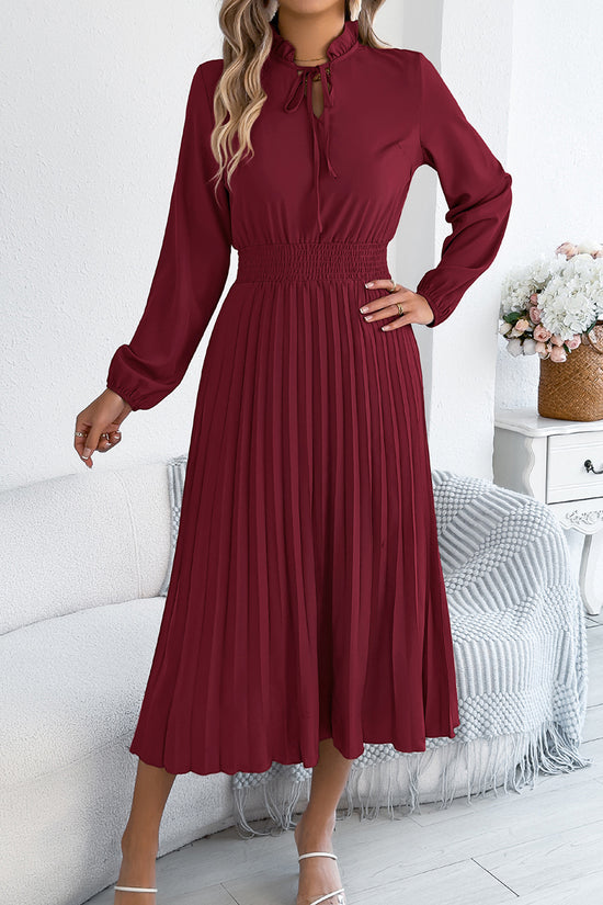 Ruffled Neck Pleated Midi Dress