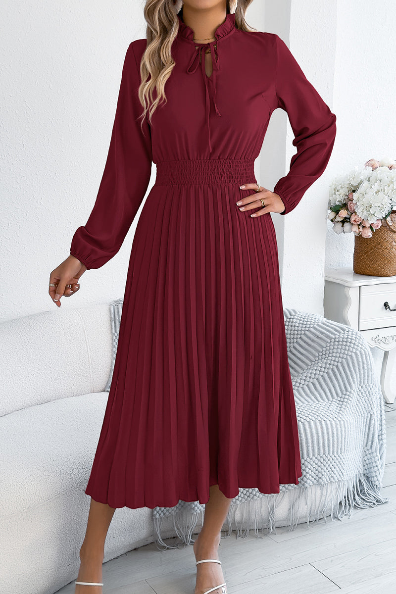 Ruffled Neck Pleated Midi Dress