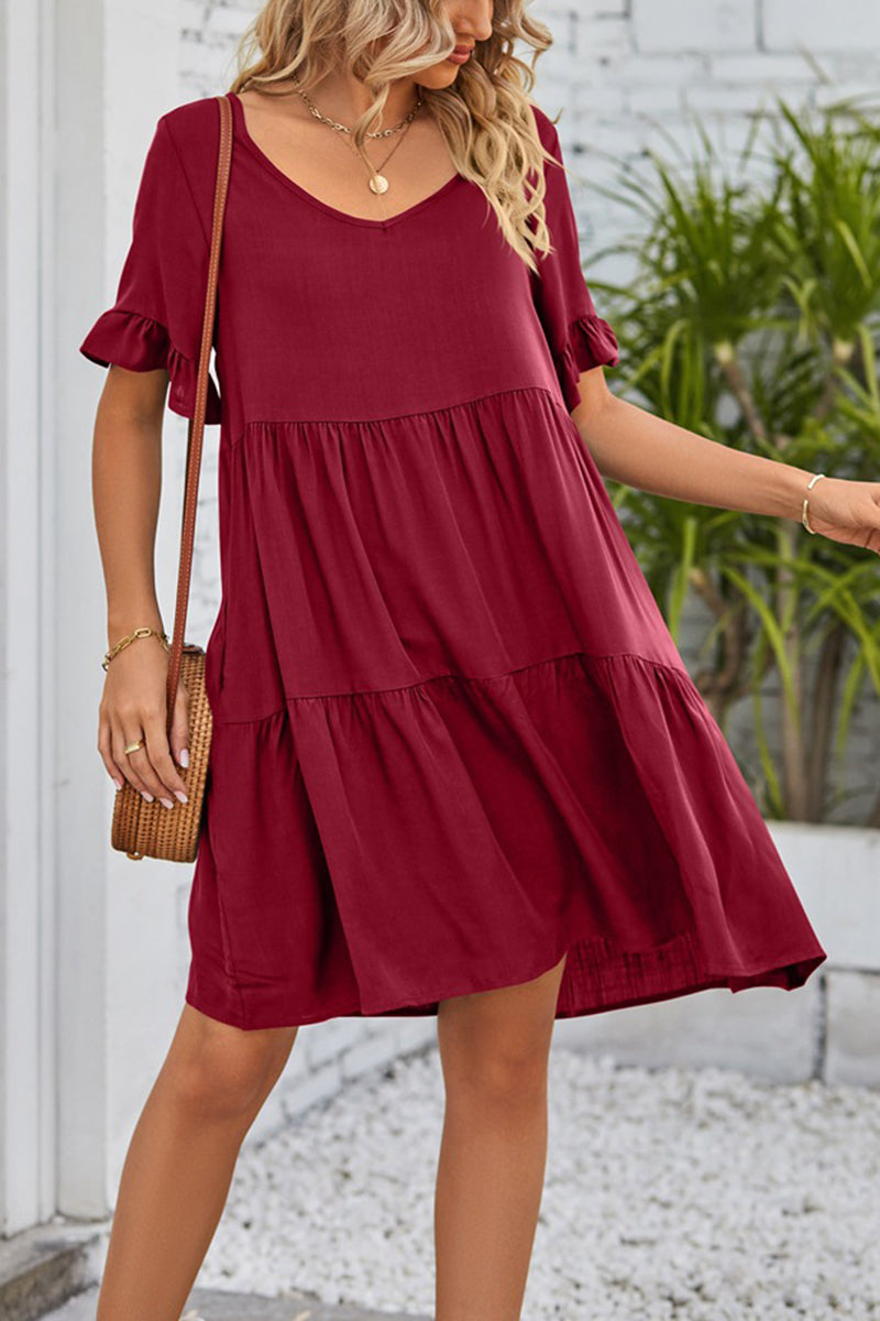 Flowy V-Neck Short Sleeve Tiered Dress
