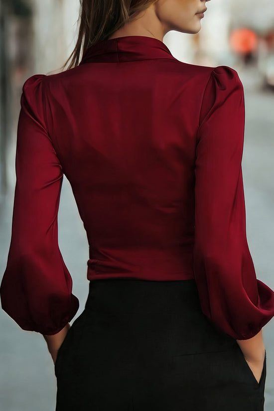 Sleek Wrap Blouse with Puff Sleeves