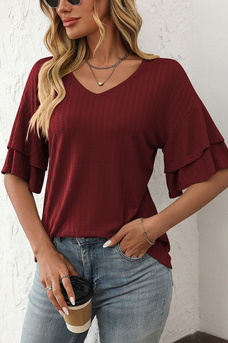 Ruffle Sleeve V-Neck T-Shirt