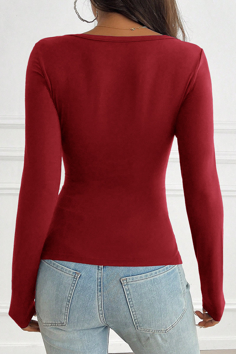 V-Neck Long Sleeve Button T-Shirt