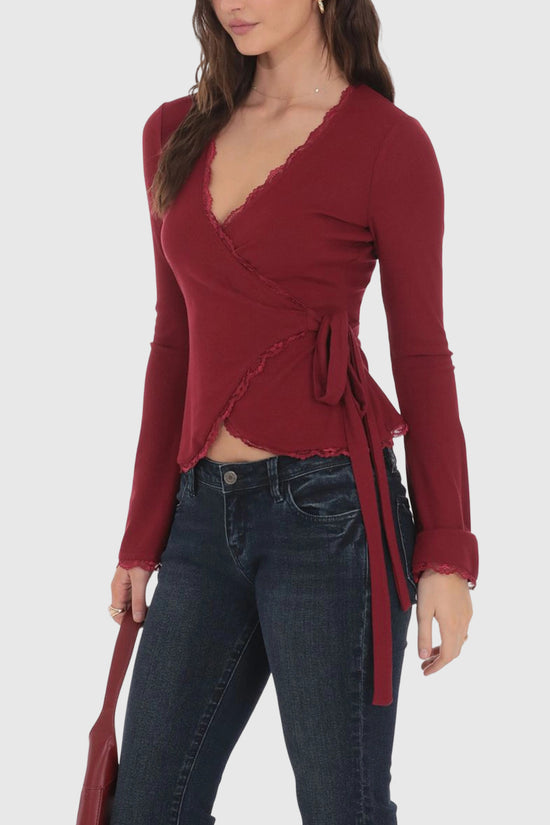 Elegant Wrap Lace Trim Blouse