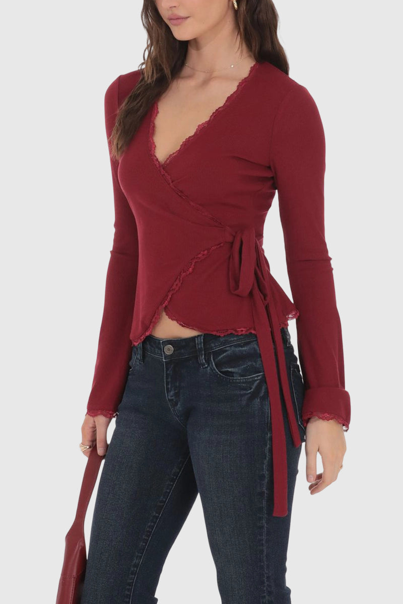 Elegant Wrap Lace Trim Blouse