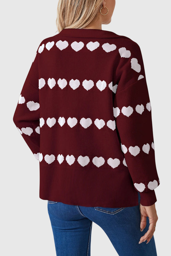 Heart Pattern Zip-Up Sweater