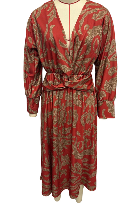 Patterned Long Sleeve Knotted Dress