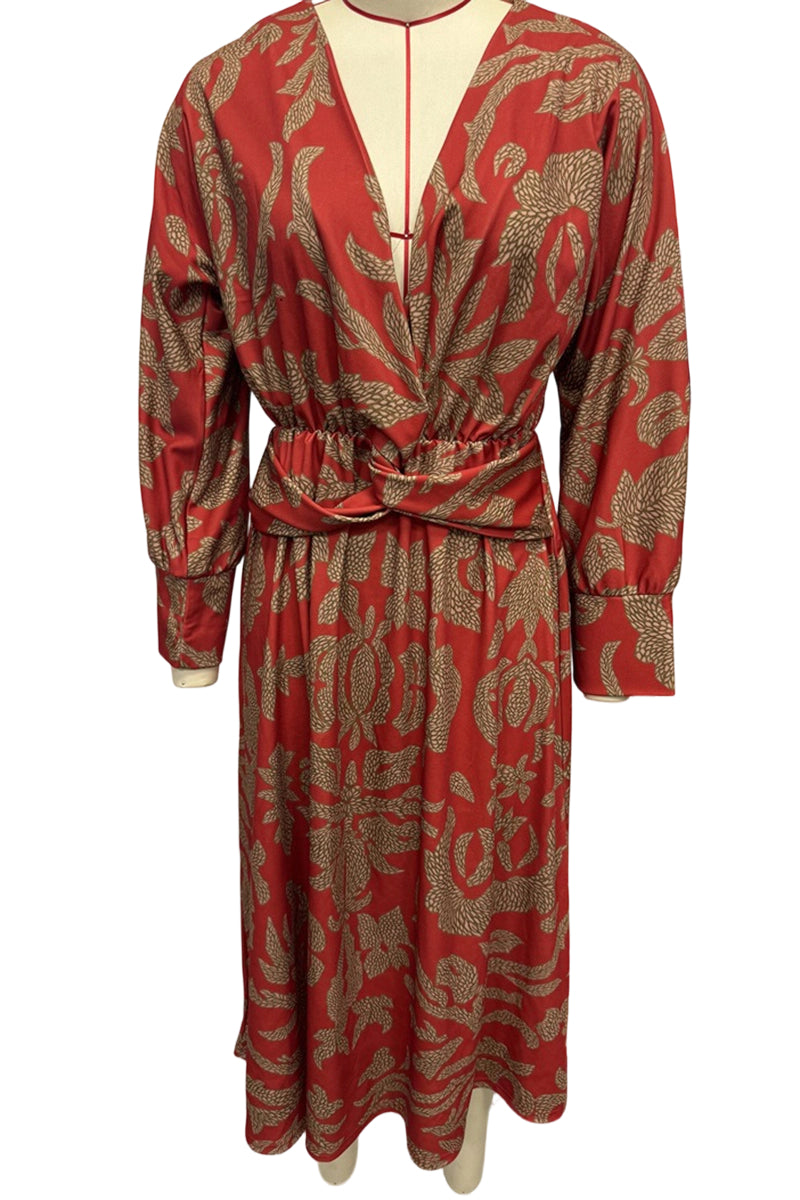 Patterned Long Sleeve Knotted Dress