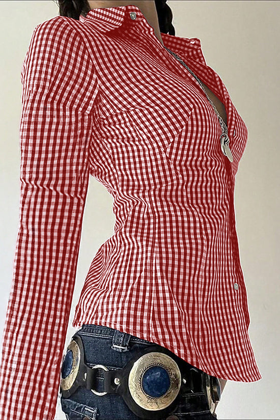 Checkered Button-Up Blouse