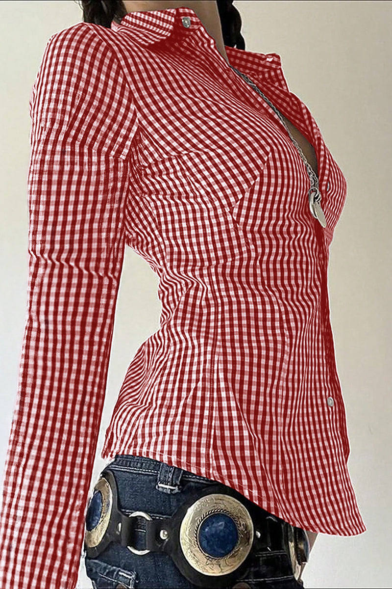 Checkered Button-Up Blouse