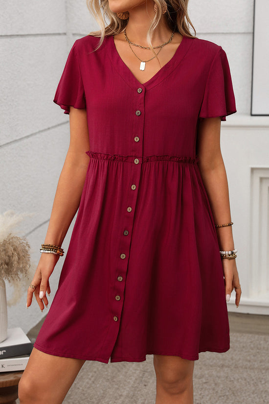 Button-Up V-Neck Casual Dress