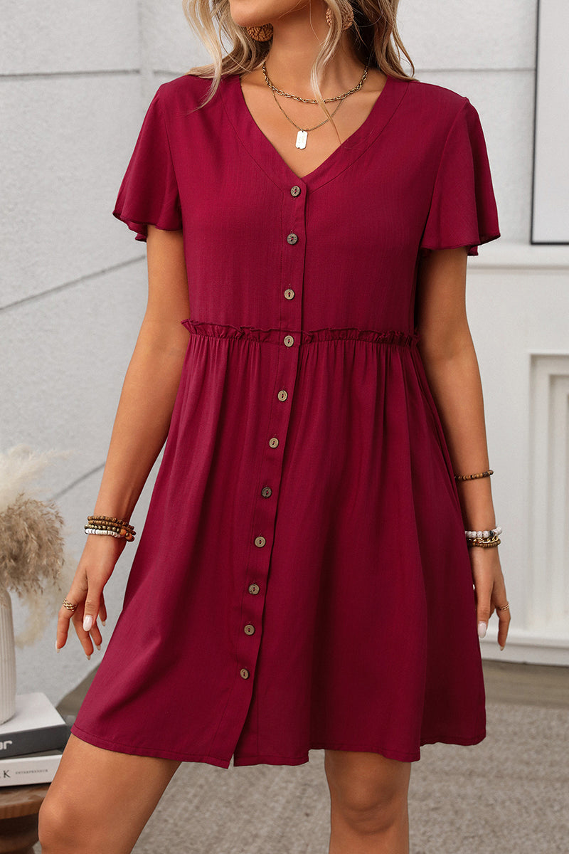 Button-Up V-Neck Casual Dress