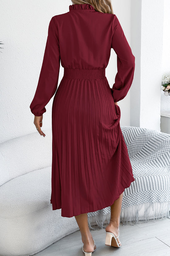 Ruffled Neck Pleated Midi Dress