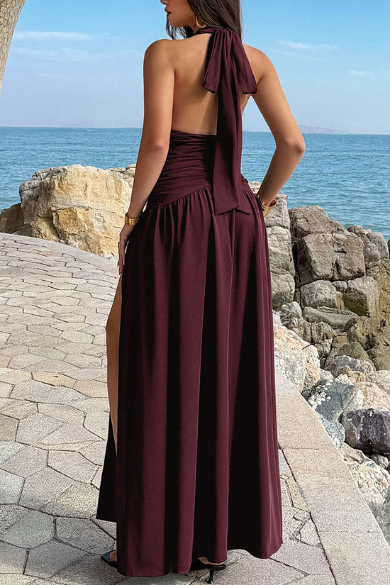 Ruched Halter Maxi Dress with Slit