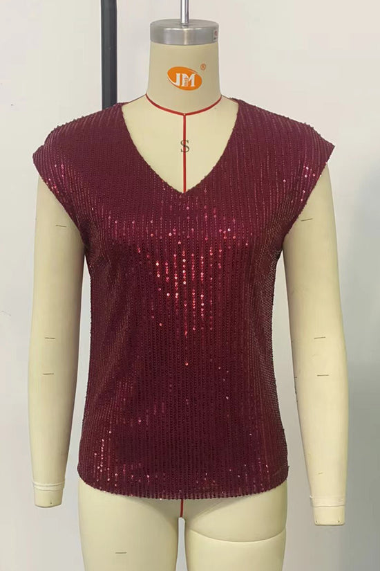 Sequin V-Neck Short Sleeve Top
