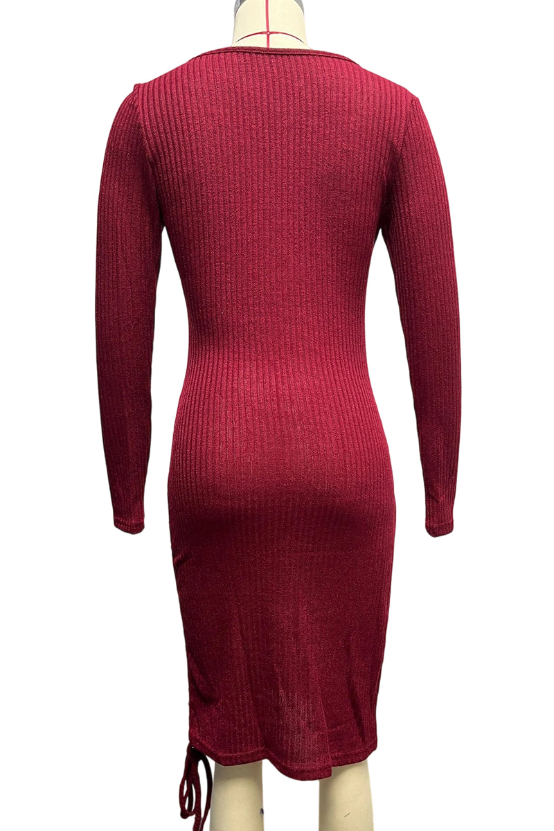V-Neck Ribbed Long Sleeve Casual Dress