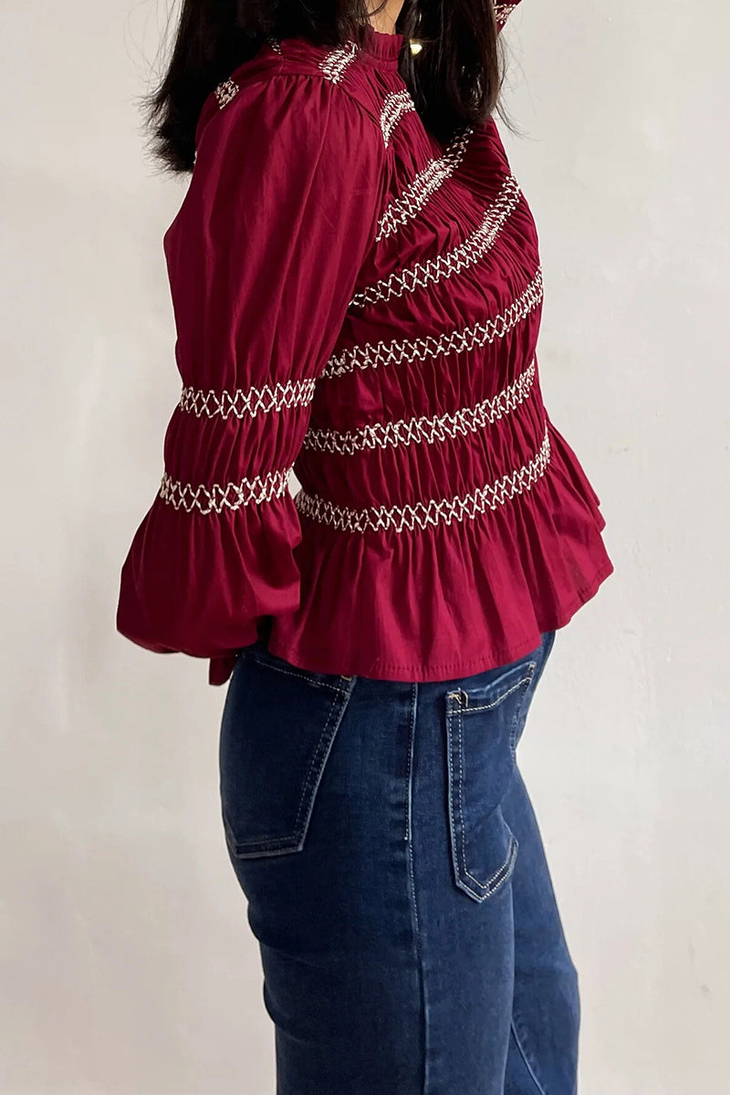 Smocked Pleated Long Sleeve Blouse