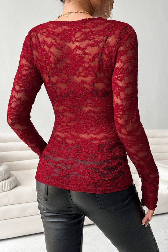 Scalloped Neck Long Sleeve Lace Top