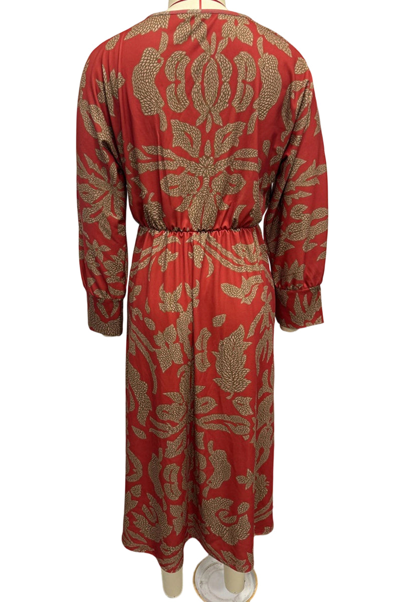Patterned Long Sleeve Knotted Dress