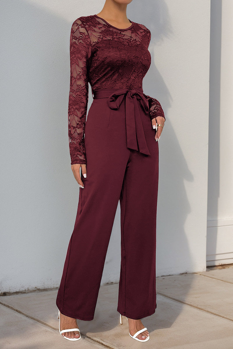 Lace Long Sleeve Tie Waist Jumpsuit