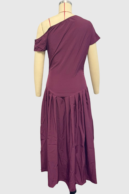 Asymmetrical Neck Pleated Midi Dress