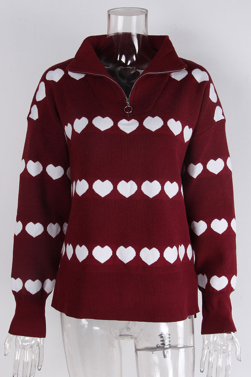 Heart Pattern Zip-Up Sweater