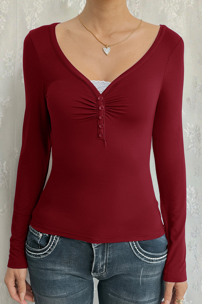 V-Neck Buttoned Long Sleeve Top