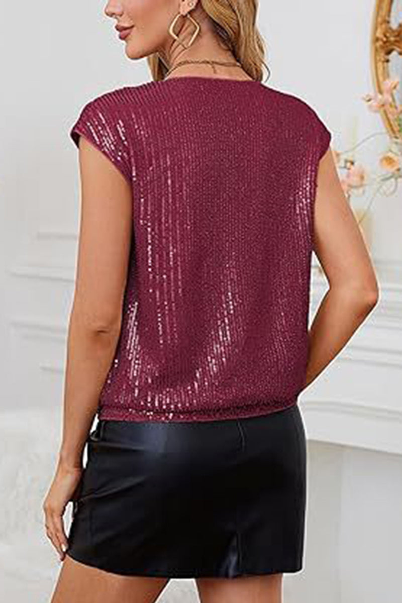 Sequin V-Neck Short Sleeve Top