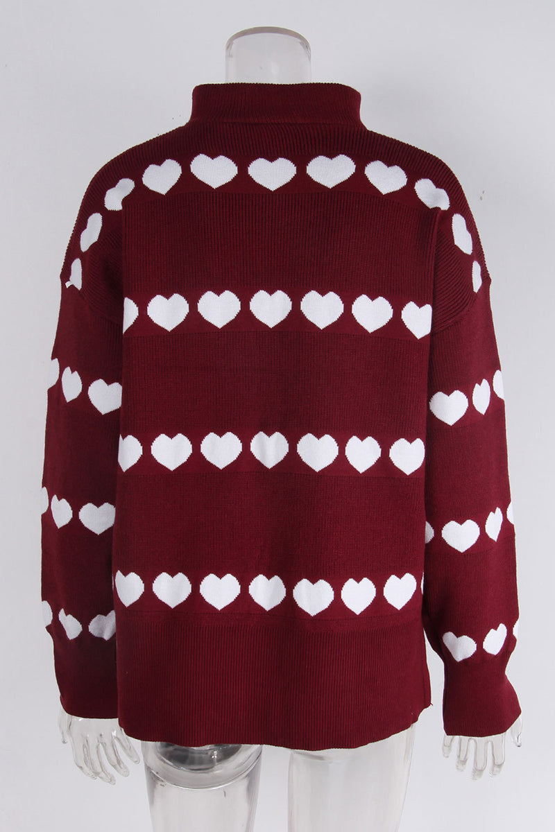 Heart Pattern Zip-Up Sweater