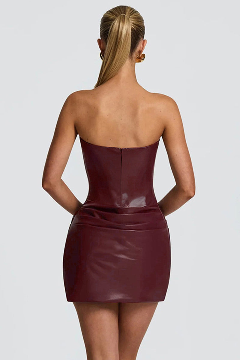 Strapless Faux Leather Bodycon Casual Dress