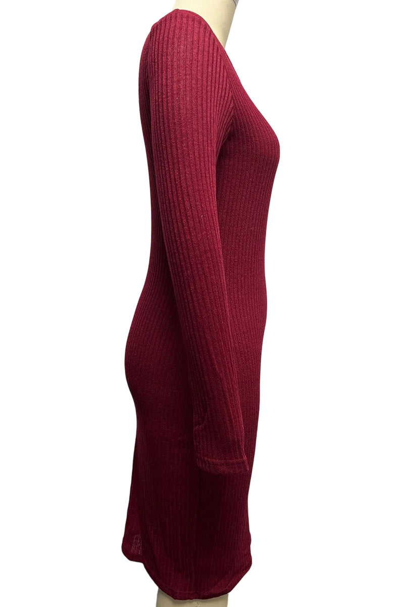 V-Neck Ribbed Long Sleeve Casual Dress