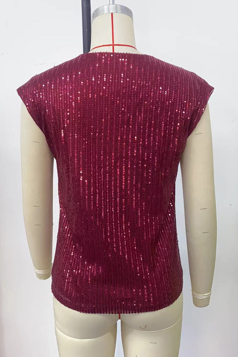 Sequin V-Neck Short Sleeve Top