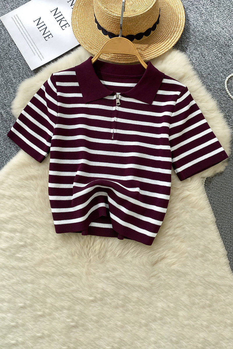 Striped Polo Zipper T-Shirt