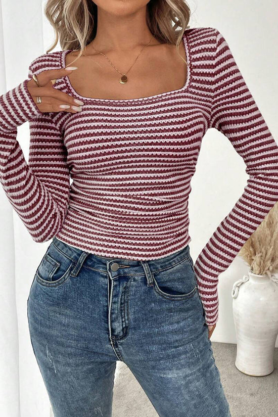 Square Neck Striped Long Sleeve Tee