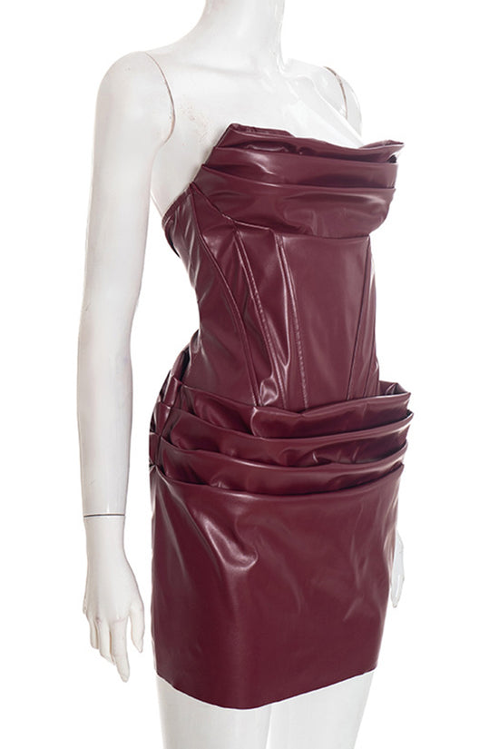 Strapless Faux Leather Bodycon Casual Dress