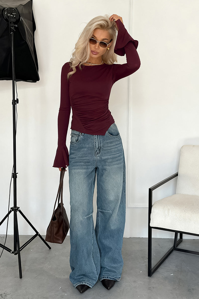 Flare Sleeve Ruched Bodycon Top
