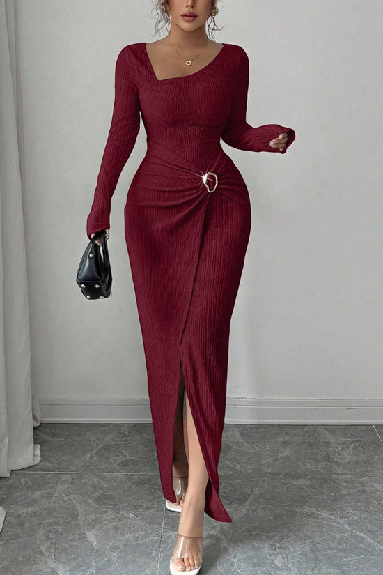 Asymmetric Ruched Long Sleeve Bodycon Dress