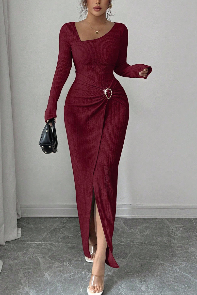Asymmetric Ruched Long Sleeve Bodycon Dress