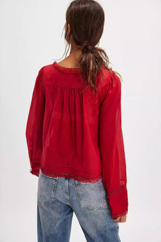 Flowy Lace Trimmed Long Sleeve Blouse