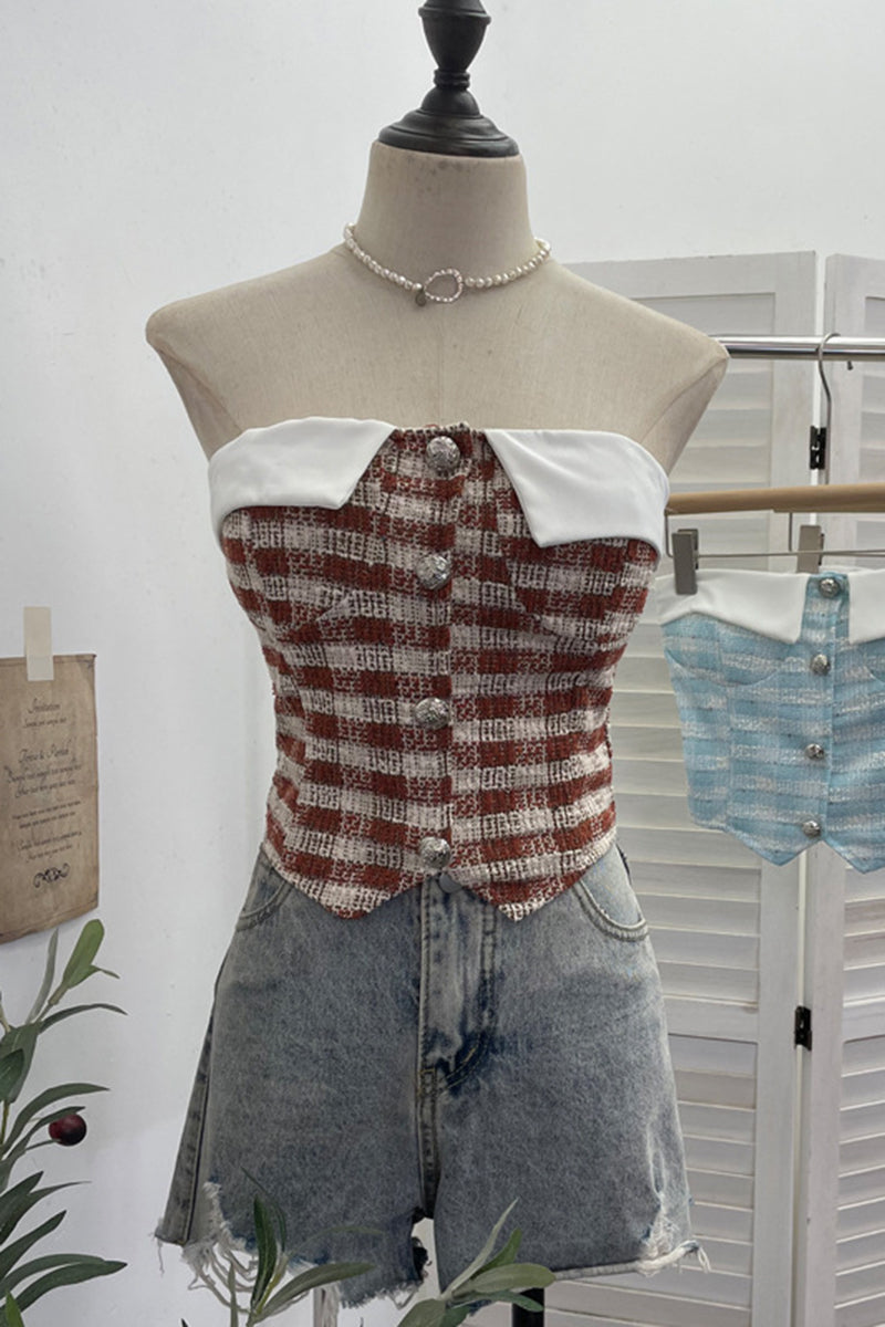 Buttoned Off-Shoulder Plaid Tank Top