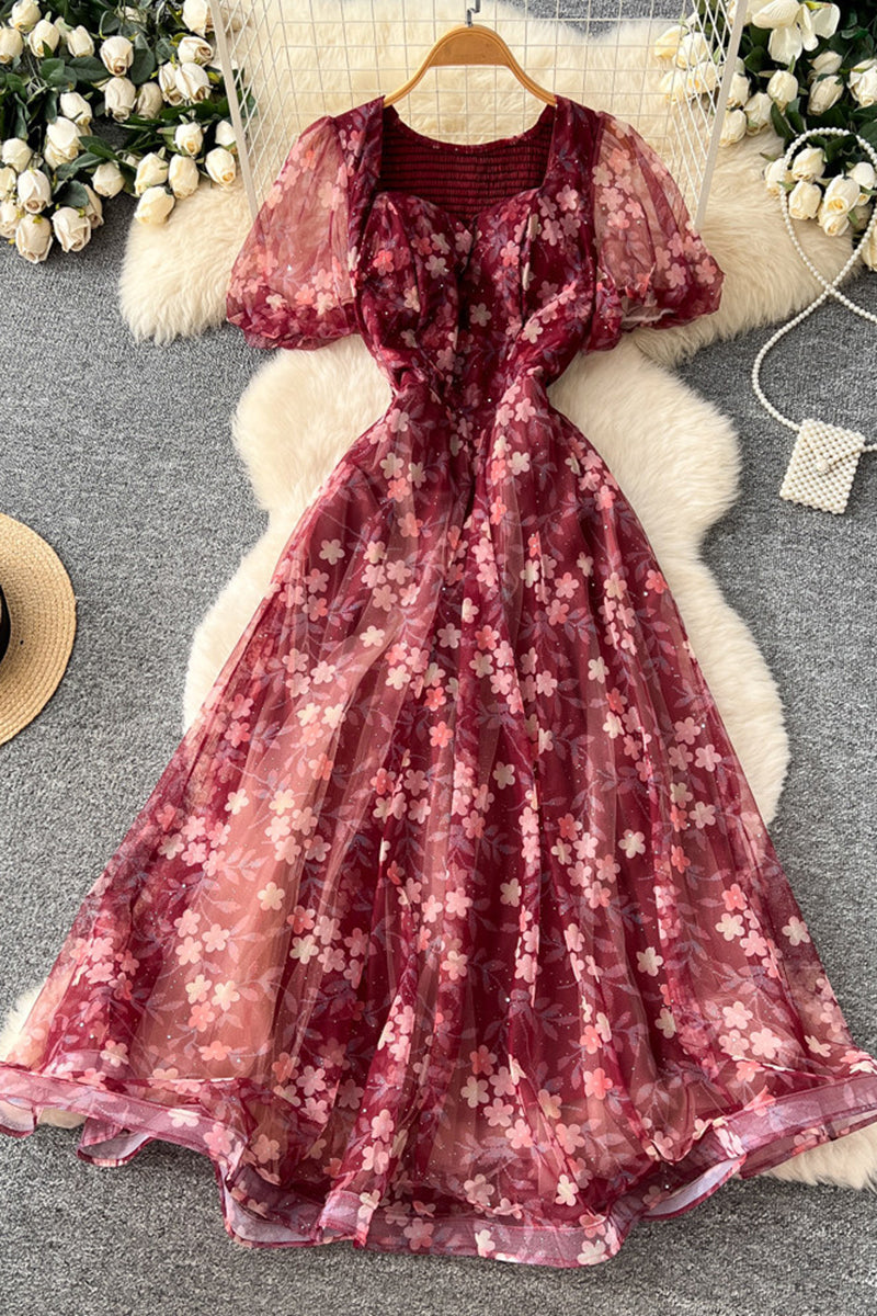 Elegant Floral Puff Sleeve Casual Dress