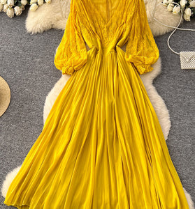 Lace Lantern Sleeve Pleated Dress