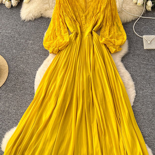 Lace Lantern Sleeve Pleated Dress