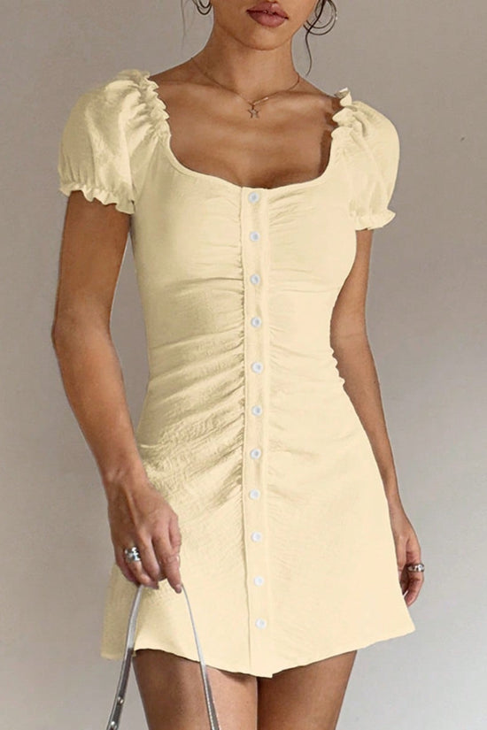 Button-Front Puff Sleeve Mini Dress