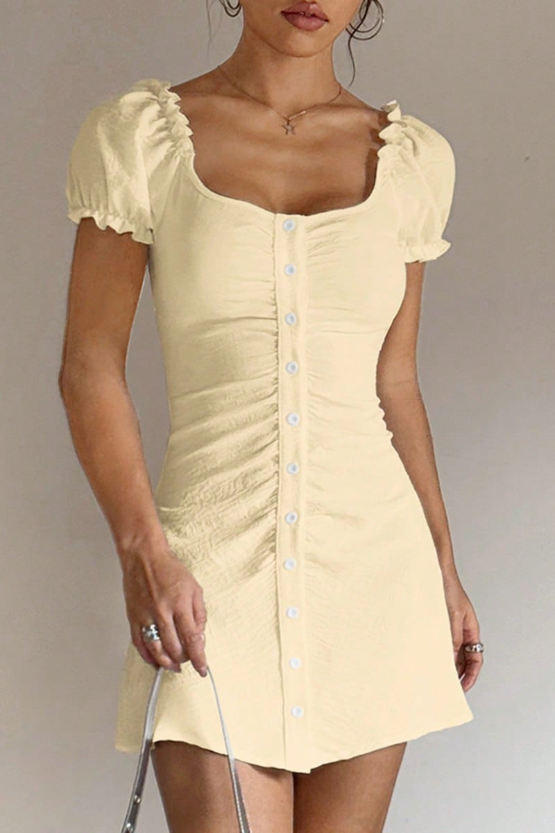 Button-Front Puff Sleeve Mini Dress
