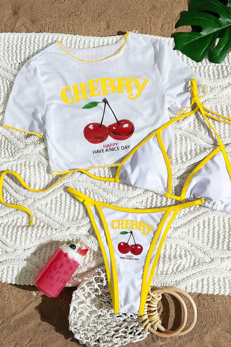 Cherry Print Bikini Set with Cover-Up